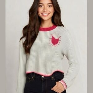 Kerri Rosenthal Pink and White Crew Neck Sweater with Playful Motifs